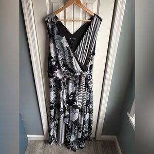 INC Womens Mixed Print Black White Sleeveless Maxi Dress Ruffle Trim Size 22W
